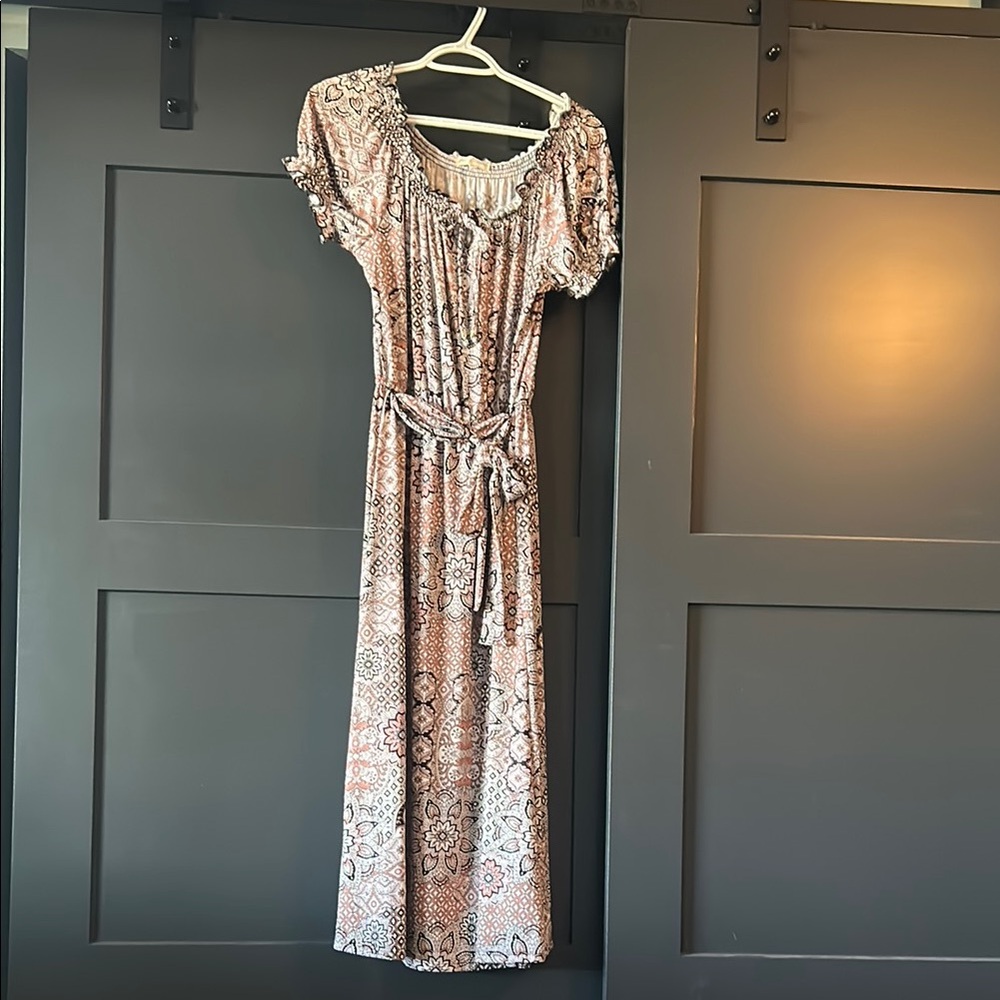 Gold Puff Sleeve Square Neck Midi Dress